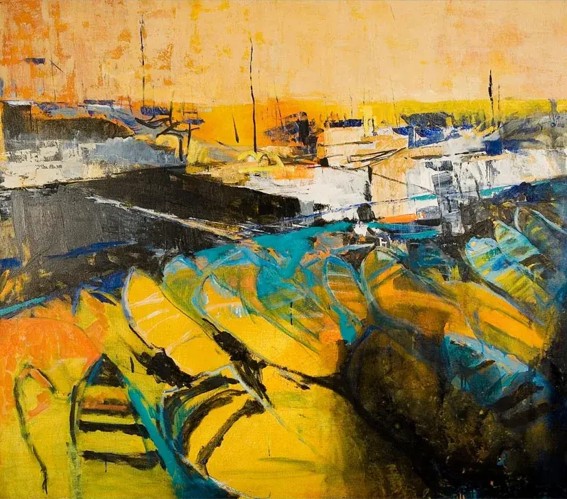 Embarcadero en espera. 2011 · Óleo y técnica mixta sobre tela · 165 × 184 cm. Sala 12, Nuevos cuadros.