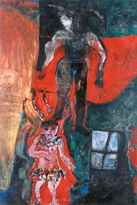 Infierno IV: Cargar a tu padre siempre. 1994 · Collage, técnica mixta sobre tela · 100 × 150 cm. Sala 04, Infernus.